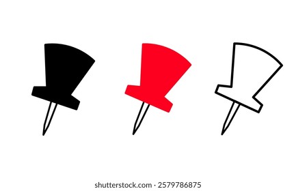 Push pin icon set in black and red color solid outline flat style. social media, Instagram pin icon. needle, pinned, attach, and note symbol. outlined, flat, vector icon, thumbstick, Paperclip.