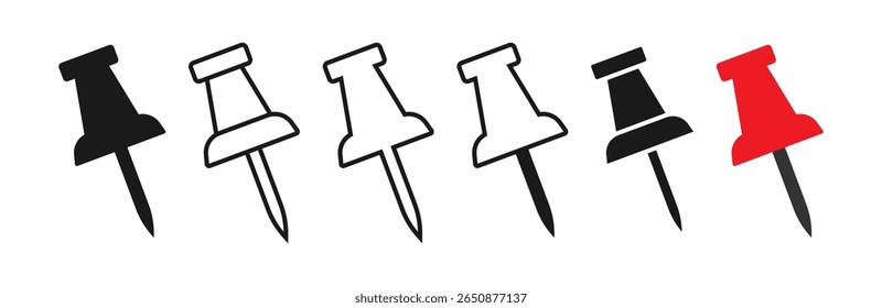 Push pin icon set in black and red color solid outline flat style. social media, Instagram pin icon. needle, pinned, attach, and note symbol. outlined, flat, vector icon, thumbstick, Paperclip.