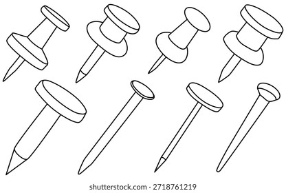 Conjunto de iconos de pin de empuje en estilo de contorno negro, Thumbtack mínimo y símbolos de uñas para Web y Diseño gráfico
