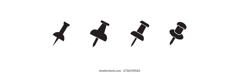 Push pin icon set in black and red color solid outline flat style. social media, Instagram pin icon. needle, pinned, attach, and note symbol. outlined, flat, vector icon, thumbstick, Paperclip.