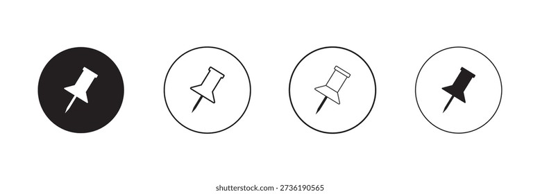Push pin icon set in black and red color solid outline flat style. social media, Instagram pin icon. needle, pinned, attach, and note symbol. outlined, flat, vector icon, thumbstick, Paperclip.