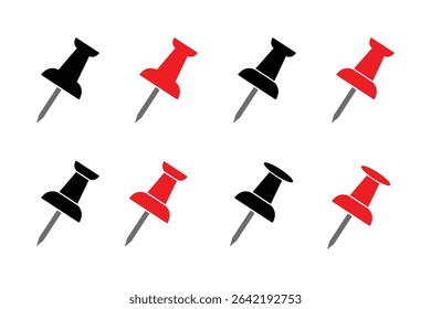 Push pin icon set in flat style. Red Pin and Black Pin Icon. Vector isolated design element