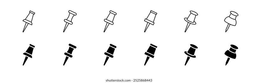 Conjunto de iconos de pin de empuje. Alfiler y rellenar el pasador de dibujo. Icono de Thumbtack Vector