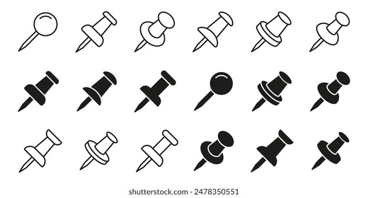 Push pin icon set. Linear and silhouette style.