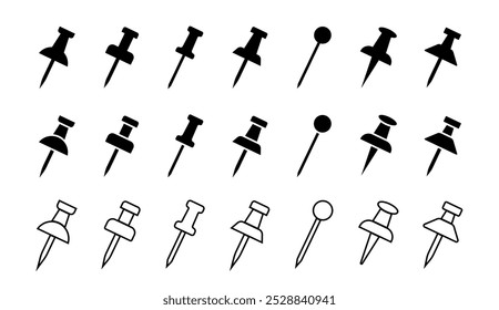 Conjunto de ícones de pinos. Marcador de lugar do pino do mapa. Fixar ícones de sinal no site. Ilustração vetorial.