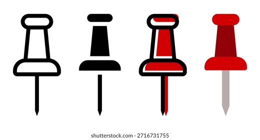 Conjunto de iconos Push Pin. Un simple y limpio icono minimalista de pin de empuje para su uso en tablones de anuncios, mapas o para simbolizar recordatorios e información importante.