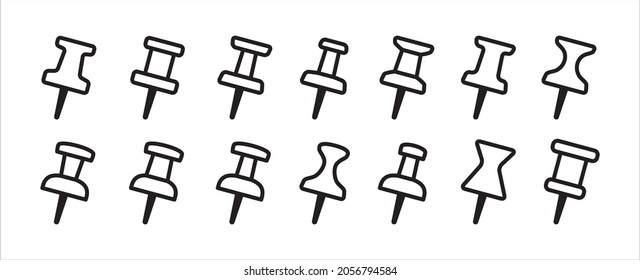 Push pin icon set. Slanted push pin icons for digital map and website application pointer set. Outline black design. Vector stock illustration