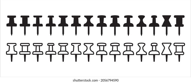 Inserte el conjunto de iconos del pasador. Iconos de pin de inserción directa para el mapa digital y el conjunto de punteros de aplicación del sitio web. Diseño plano y de contorno. Ilustración de material vectorial