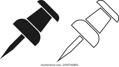 push pin icon set. Thumbtack for note attach collection. Paperclip symbol. Pushpin flat and line style collection
