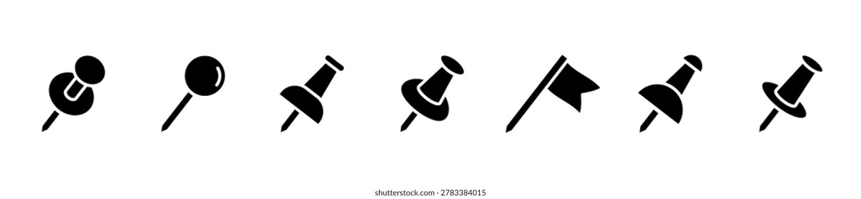 Push pin icon set. Thumbtack icons. Editable web icons location marker, office stationery, note pin, paperclip, needle for fixing etc. Vector illustration.