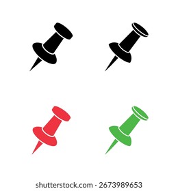 Conjunto de iconos de pin de empuje en varios colores, incluidos negro, rojo y verde, que se muestran en un fondo blanco limpio que ofrece diversas opciones de diseño.