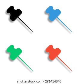 push pin icon with shadow - colored vector set