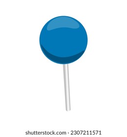 Push pin icon. Thumbtack office supply. Sharp needle button with colorful head for attaching papers, memos and notes to boards in offices, schools, homes. Isolated vector illustration on white.