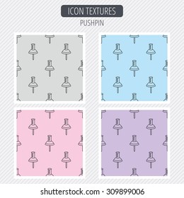 Push pin icon. Pin tool sign. Office stationery symbol. Diagonal lines texture. Seamless patterns set. Vector