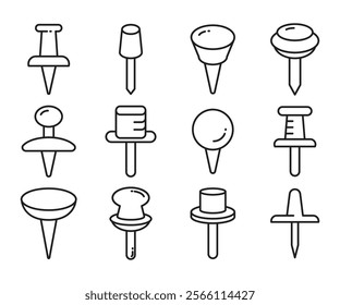 push pin icons set line illustration