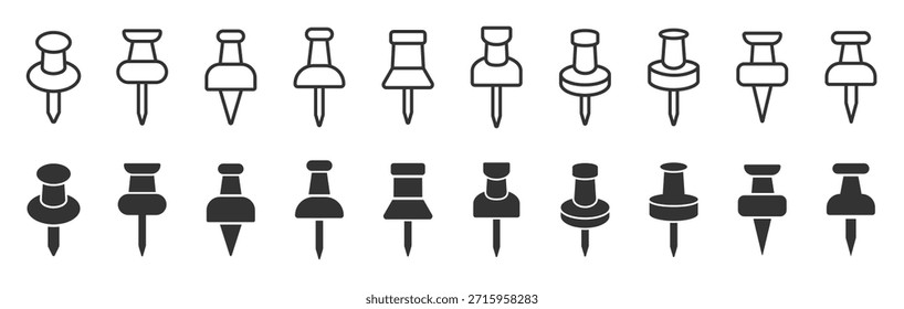 Conjunto de iconos de pin de empuje. Símbolo de aguja, clavado, adjunto y nota. Thumbtack para la colección del accesorio de la nota. Símbolo de clip. Pushpin plana y línea estilo colección. Ilustración vectorial.