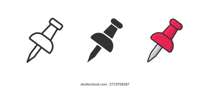 Conjunto de iconos de pin de empuje. Símbolo de aguja, clavado, adjunto y nota. Thumbtack para la colección del accesorio de la nota. Símbolo de clip. Pushpin plana y línea estilo colección. Ilustración vectorial.
