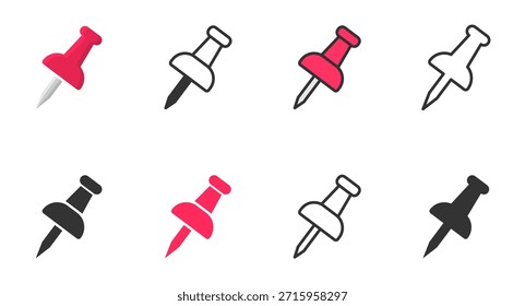 Conjunto de iconos de pin de empuje. Símbolo de aguja, clavado, adjunto y nota. Thumbtack para la colección del accesorio de la nota. Símbolo de clip. Pushpin plana y línea estilo colección. Ilustración vectorial.