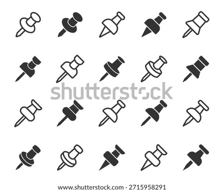 Push pin icons set. Needle, pinned, attach, and note symbol. Thumbtack for note attach collection. Paperclip symbol. Pushpin flat and line style collection. Vector illustration.