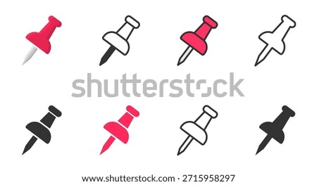 Push pin icons set. Needle, pinned, attach, and note symbol. Thumbtack for note attach collection. Paperclip symbol. Pushpin flat and line style collection. Vector illustration.