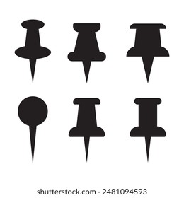 Push pin icons set. Thumbtack for note attach. Paperclip symbol Pushpin flat style collection, needle for fixing on a board or map stock vector for web or app, Collection of office stationery pin icon