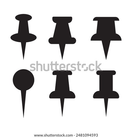 Push pin icons set. Thumbtack for note attach. Paperclip symbol Pushpin flat style collection, needle for fixing on a board or map stock vector for web or app, Collection of office stationery pin icon