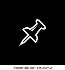 Push Pin Line Icon On Black Background. Black Flat Style Vector Illustration.