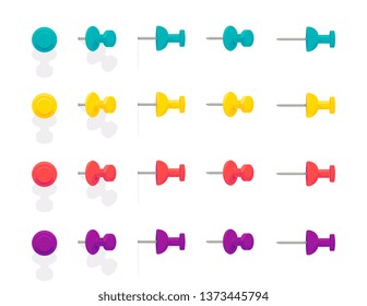 Push pin for map. Vector flat and cartoon colorful set of office thumbtacks isolated on a white background. illustration of pins