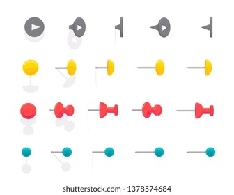 Push pin for map. Vector flat and cartoon colorful set of office thumbtacks isolated on a white background. illustration of pins