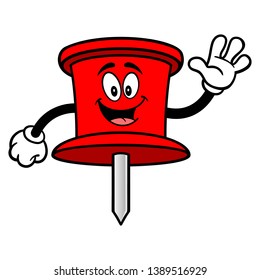Push Pin Mascot Waving - A vector cartoon illustration of an office Push Pin mascot.