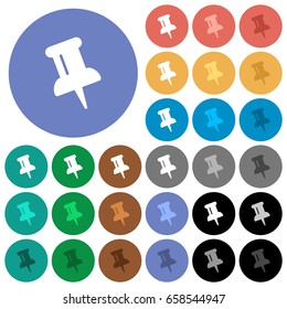 Push pin multi colored flat icons on round backgrounds. Included white, light and dark icon variations for hover and active status effects, and bonus shades on black backgounds.