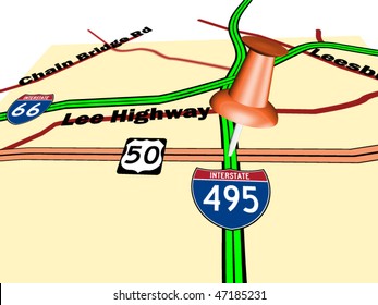 Push pin on road map in perspective