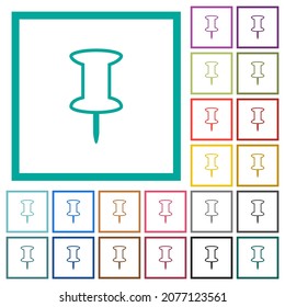Push-Pin-Umriss flache Farbsymbole mit quadranten Rahmen auf weißem Hintergrund