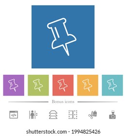 Push pin outline flat white icons in square backgrounds. 6 bonus icons included.