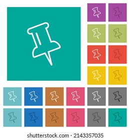Push pin outline multi colored flat icons on plain square backgrounds. Included white and darker icon variations for hover or active effects.