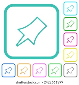 Empujar iconos planos de contorno de pin vivos de color en bordes curvados sobre fondo blanco