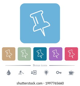 Push-Pin-Umrisse für weiße flache Symbole auf buntem, quadratischem Hintergrund. 6 Bonussymbole enthalten