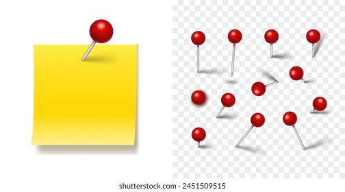 Push Pin Realistic Set. Red pins set with Metal Needle and shadow isolated on transparent background. Vector 3d red plastic pushpins, board tacks, sewing needles, pins for Paper Note and Maps.