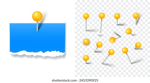 Juego realista de pasadores. Pines amarillos con aguja de metal y sombra aislados sobre fondo transparente. Vector 3d de plástico rojo pushpins, tachuelas, agujas de coser, pines para nota de papel y mapas.