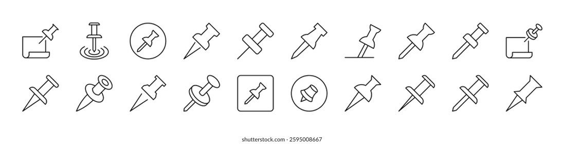 Push Pin for School and Office Set of Thin Icons. Editable Stroke. Suitable for Web Sites, Books, Cards, Apps