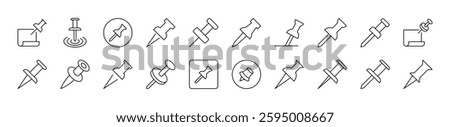 Push Pin for School and Office Set of Thin Icons. Editable Stroke. Suitable for Web Sites, Books, Cards, Apps
