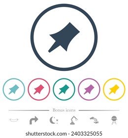 Push pin solid flat color icons in round outlines. 6 bonus icons included.