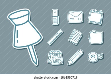 Push-Pin und stationäre cice auf grauem Hintergrund, Linienführung, Vektorgrafik