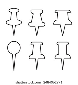 Push pin thin line icons set. Thumbtack for note attach. Paperclip symbol outline collection, needle for fixing on a board or map stock vector for web or app, Collection of office stationery pin icon