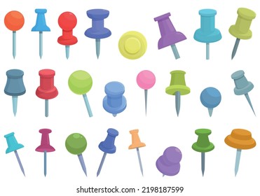 Push pin thumbtack icons set cartoon vector. Paper office. Cork tack