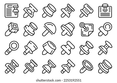 Push pin thumbtack icons set outline vector. Paper office. School cork