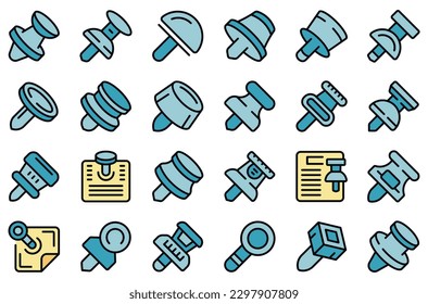 Iconos de la imagen en miniatura del pin pulsador establecen el vector de contorno. Oficina de papel. Color de la línea delgada del corcho escolar en blanco