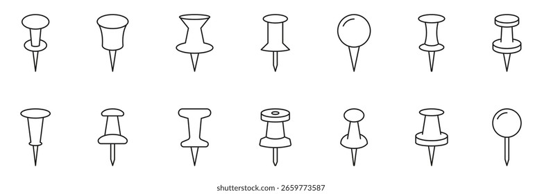 Push Pin Y Thumbtack Line Icon Set. Colección De Símbolos De Esquema De Suministros De Oficina Y Papelería. Varios Diseños De Pin Para Tableros De Aviso Y Mapas. Trazo Editable. Ilustración vectorial aislada.