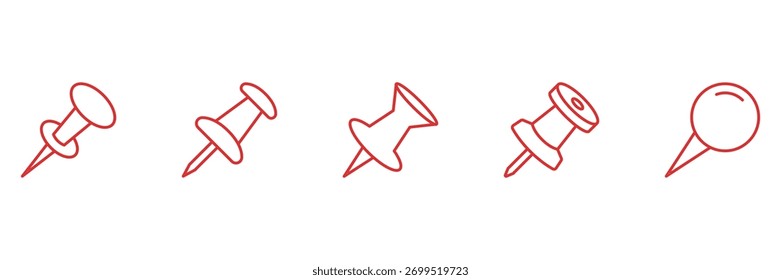 Conjunto De Ícones De Linha De Push Pin E Thumbtack. Coleção De Símbolos De Estrutura De Tópicos De Ferramentas Do Office E Da Organização. Artigos De Papelaria E Informações Essenciais Do Quadro De Avisos. Traço editável. Ilustração de vetor isolada.