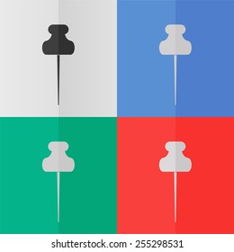 Push pin vector icon. Effect of folded paper. Colored (red, blue, green) illustrations. Flat design